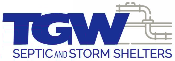 TGW Septic and Storm Shelters logo with blue letters and pipe graphic