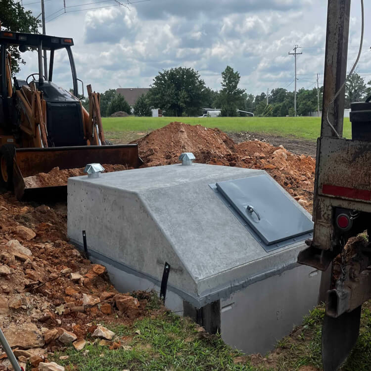 Concrete underground utility box installed during construction site excavation